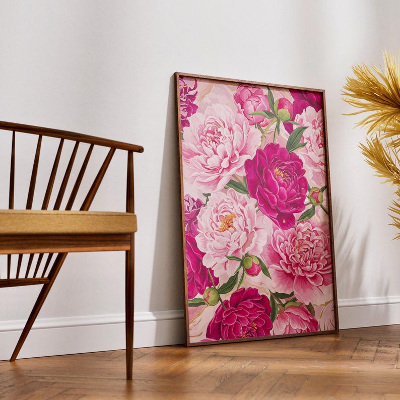 Rosa pioner-tryck, modern färgglad pionkonst, abstrakt sommarblommaposter, stor utskrivbar väggkonst, djärv blommig botanisk dekor bild 3