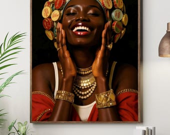Black Art Prints, Black Woman Art, Bottle Cap Crown, Urban Wall Art, Afro Fashion, Black Girl Decor, Luxury Black Art Print