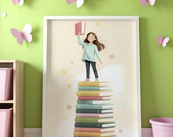 Girls Room Reading Print, Book Lover Wall Art, Pastel Study Room Decor, Book Stack Illustration, Playroom Reading Poster, Reader Gift Art
