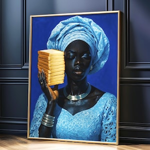 May include: A framed portrait of a person with dark skin wearing a light blue head wrap and dress. The person is holding a stack of yellow bread slices. The background is a solid blue color.