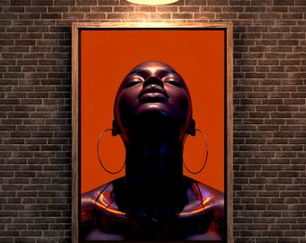 Oranje afro vrouw canvasafdruk, moderne pop-art muur decor, Afro-Amerikaanse kunst, levendig abstract portret, boho woondecoratie