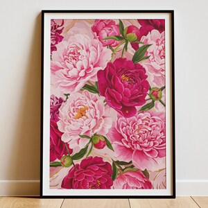 Rosa pioner-tryck, modern färgglad pionkonst, abstrakt sommarblommaposter, stor utskrivbar väggkonst, djärv blommig botanisk dekor bild 6