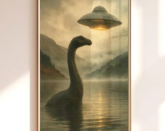 Loch Ness Monster Kunstdruck, surreales UFO Poster, fliegende Untertasse Wandkunst, printable digitaler Download für Wohnkultur