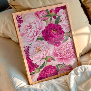 Rosa pioner-tryck, modern färgglad pionkonst, abstrakt sommarblommaposter, stor utskrivbar väggkonst, djärv blommig botanisk dekor bild 2