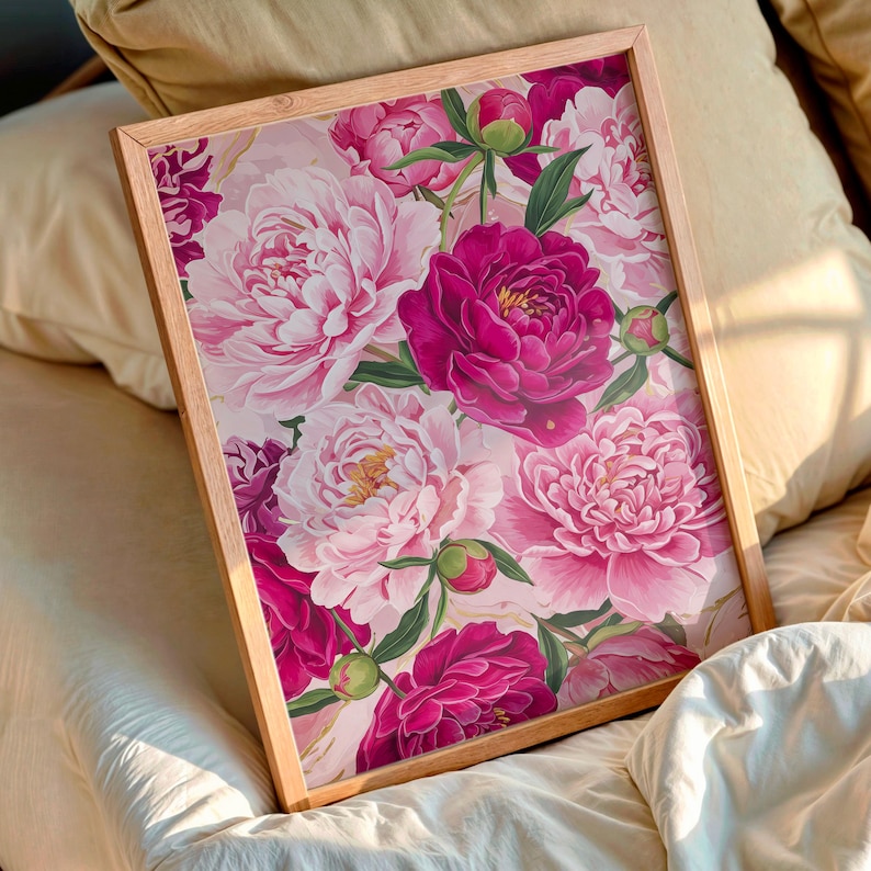 Rosa pioner-tryck, modern färgglad pionkonst, abstrakt sommarblommaposter, stor utskrivbar väggkonst, djärv blommig botanisk dekor bild 2