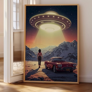 UFO Poster Wall Art Retro Wall Decor Sci Fi Poster UFO Alien Desert Wall Art Girly Printable Wall Print Aesthetic Room Decor Print Digital