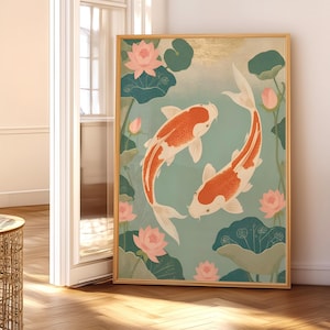 Colorful Koi Fish Print, Lotus Flower Art, Japanese Wall Art, Feng Shui Wall Art, Zen Decor, Yin Yang Art, Japanese Koi Poster, Koi Pond Art