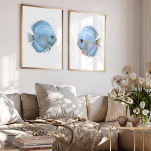Set of 2 Prints Blue Watercolor Fish Painting, Abstract Discus Fish, Modern Coastal Wall Decor, Digital Download, Minimalist Sea Art Europe