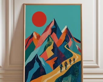 Färgglad väggkonst för bergsvandring, abstrakt landskapsaffisch, retro resetryck, dekor för äventyrsvandring, modernt naturkonstverk, digitalt