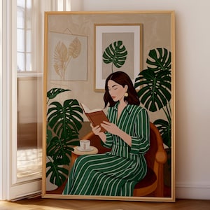 Emerald Green Reading Woman Print, Coffee & Book Abstract Art, Modern Striped Portrait Illustration, Minimalist Digital Wall Decor