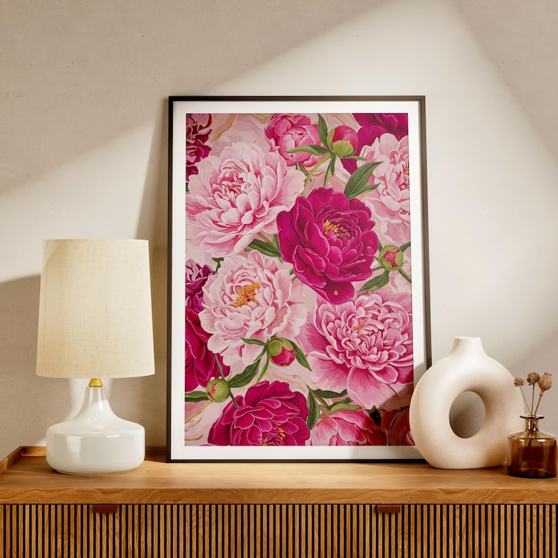 Rosa pioner-tryck, modern färgglad pionkonst, abstrakt sommarblommaposter, stor utskrivbar väggkonst, djärv blommig botanisk dekor bild 4