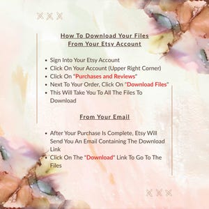 Puede incluir: Una gu&iacute;a sobre un fondo crema con acentos de estilo acuarela, que detalla c&oacute;mo descargar archivos desde una cuenta de Etsy y por correo electr&oacute;nico. Las instrucciones incluyen pasos como hacer clic en "Compras y rese&ntilde;as" y el enlace "Descargar".
