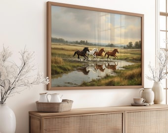 Impressão de cavalos selvagens, paisagem vintage do oeste, decoração de casa de campo com clima descontraído, arte de parede escura para impressão