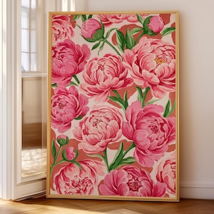 Pink Peonies Print, Abstract Peony Wall Art, Modern Summer Floral Poster, Colorful Flower Download, Large Printable Botanical Decor