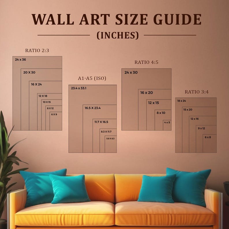 Puede incluir: Gu&iacute;a de tama&ntilde;os de arte mural en pulgadas, con proporciones 2:3, 4:5 y 3:4, y tama&ntilde;os A1-A5 (ISO). Incluye dimensiones como 61x91cm, 51x76cm, 41x61cm, 41x51cm, 30x46cm, 30x38cm, 25x38cm, 20x25cm, 20x30cm, 15x23cm, 10x13cm, 46x61cm, 38x51cm, 30x41cm, 23x30cm y 15x20cm.