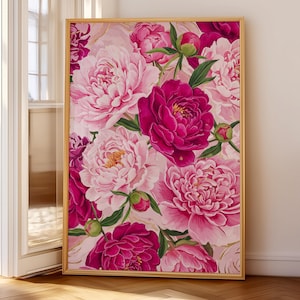 Pink Peonies Print, Modern Colorful Peony Art, Abstract Summer Flowers Poster, Large Printable Wall Art, Bold Floral Botanical Decor