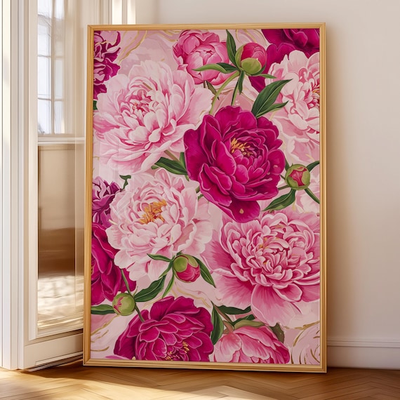Pink Peonies Print, Modern Colorful Peony Art, Abstract Summer Flowers Poster, Large Printable Wall Art, Bold Floral Botanical Decor