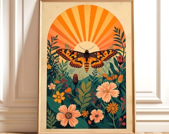 Lámina de arte popular de mariposas, póster de mariposas boho, arte mural floral natural, descarga digital cottagecore, póster de sol retro, botánico bohemio