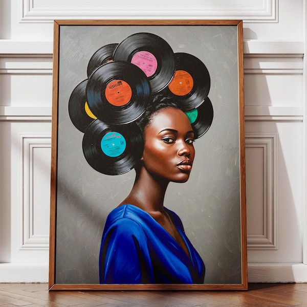 Afrocentric Vinyl Records Art Print, Black Woman Abstract Wall Art, Music Lover Printable Poster,Vintage Collage Home Decor,Digital Download