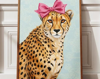 Cheetah with Pink Bow Print: Pastel Chinoiserie Animal Art (Digital Download)