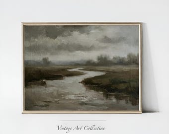 Country River Painting Printable, Vintage Landscape Wall Art, Rustic Farmhouse Decor, Cottagecore  Digital Download
