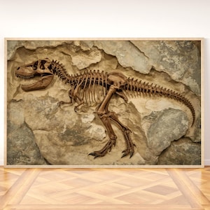 Tyrannosaurus Rex Fossil Skeleton Print, Dinosaur Wall Art, Prehistoric Natural History Poster, Vintage Paleontology Decor, Digital Download