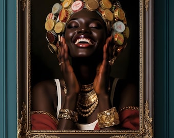 Black Art Prints, Black Woman Art, Afro Fashion Wall, Urban Black Girl Art, Bottle Cap Crown Artwork, Luxury Black Culture Decor