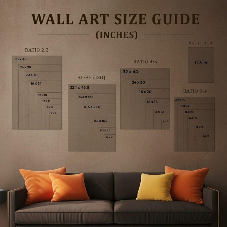 Puede incluir: Una gu&iacute;a de tama&ntilde;os de arte mural en pulgadas, que muestra varias relaciones de aspecto y dimensiones. Las tallas incluyen 30x45, 24x36 y 16x24, junto con tama&ntilde;os A0-A5 (ISO). La imagen se muestra sobre un sof&aacute; gris oscuro con cojines naranjas y amarillos.