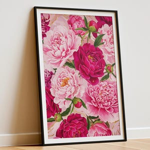 Rosa pioner-tryck, modern färgglad pionkonst, abstrakt sommarblommaposter, stor utskrivbar väggkonst, djärv blommig botanisk dekor bild 7