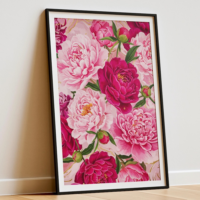 Rosa pioner-tryck, modern färgglad pionkonst, abstrakt sommarblommaposter, stor utskrivbar väggkonst, djärv blommig botanisk dekor bild 7