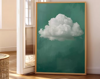 Arte de pared de nubes verde esmeralda, impresión de cielo minimalista, póster de nubes melancólicas, decoración de pared verde oscuro, obra de arte de nubes surrealistas, impresión digital