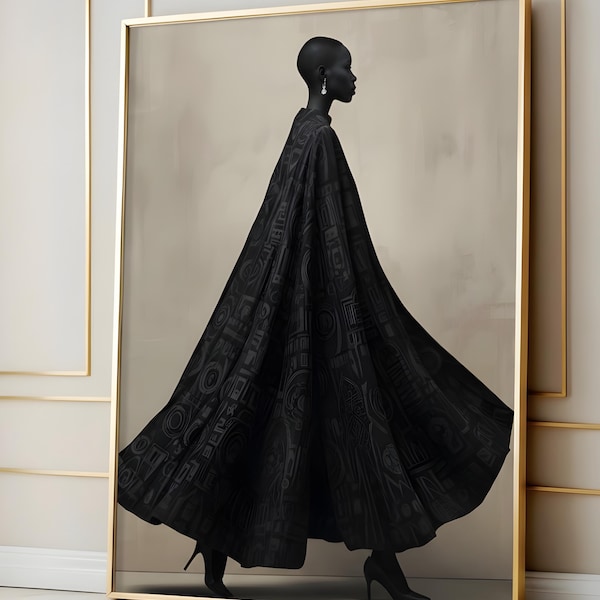 Afrocentric Walking Woman Print, African Tribal Cape Art, Minimalist Black & White Fashion Poster, Modern Digital Wall Decor