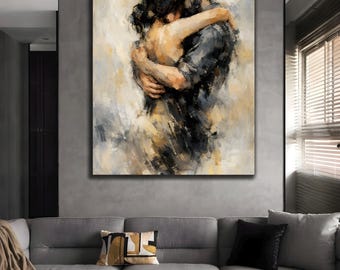 Coppia romantica che abbraccia, dipinto digitale di un abbraccio astratto, stampa di amanti con pennellate neutre, decorazione moderna per anniversario della camera da letto