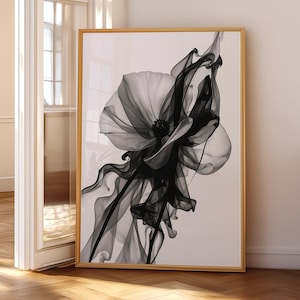 Black & White Abstract Flower Art Print, Modern Botanical Wall Art, Minimalist Mid Century Floral Poster, Extra Large Digital Download