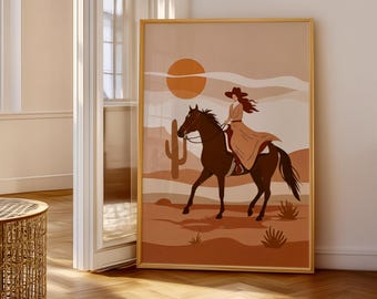 Abstract Cowgirl Print, Cowgirl Riding Horse Digital Art, Boho Neutral Western Poster, Modern Southwest Room Printable Wall Art