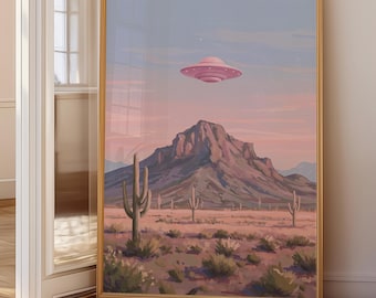 PRINTABLE UFO Desert Wall Art – Retro Sci-Fi Landscape Digital Download, Surreal Western Cactus Art, Eclectic Alien Decor, Area 51 Print
