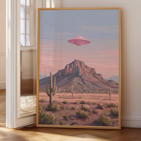 PRINTABLE UFO Desert Wall Art – Retro Sci-Fi Landscape Digital Download, Surreal Western Cactus Art, Eclectic Alien Decor, Area 51 Print