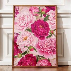 Rosa pioner-tryck, modern färgglad pionkonst, abstrakt sommarblommaposter, stor utskrivbar väggkonst, djärv blommig botanisk dekor bild 5