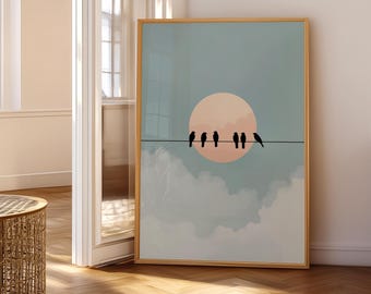 Birds on Wire Sunset Print, Modern Minimalist Digital Wall Art Download, Pastel Sky Silhouette, Contemporary Nature Poster Decor