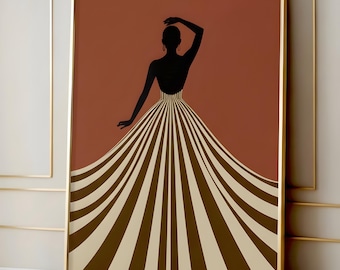 抽象的な女性のポートレートプリント：ボヘミアンストライプドレス