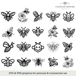 20 x Bumble Bee PNG & SVG Vector Graphics (Instant Download) | Bee Tattoo Outline Spring Insect Illustration Art, Cricut, Silhouette