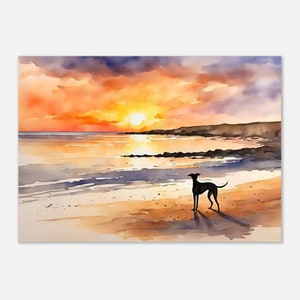 Sighthound on the Beach at Sunset Watercolour Painting Art Print | Whippet, Lurcher, Greyhound