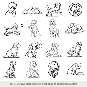 16 x Golden Retriever PNG & SVG Vector Graphics (Download Instantâneo) | Dog Outline Illustration Art Logo's, Compatível com Cricut, Silhouette