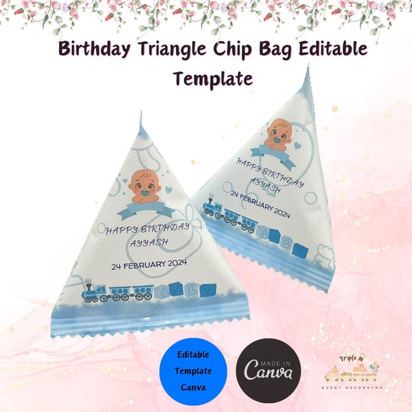 Editable Birthday Triangle Chip Bag Wrapper Template, Snack Cookie Packaging Printable, Birthday Goodies Bag