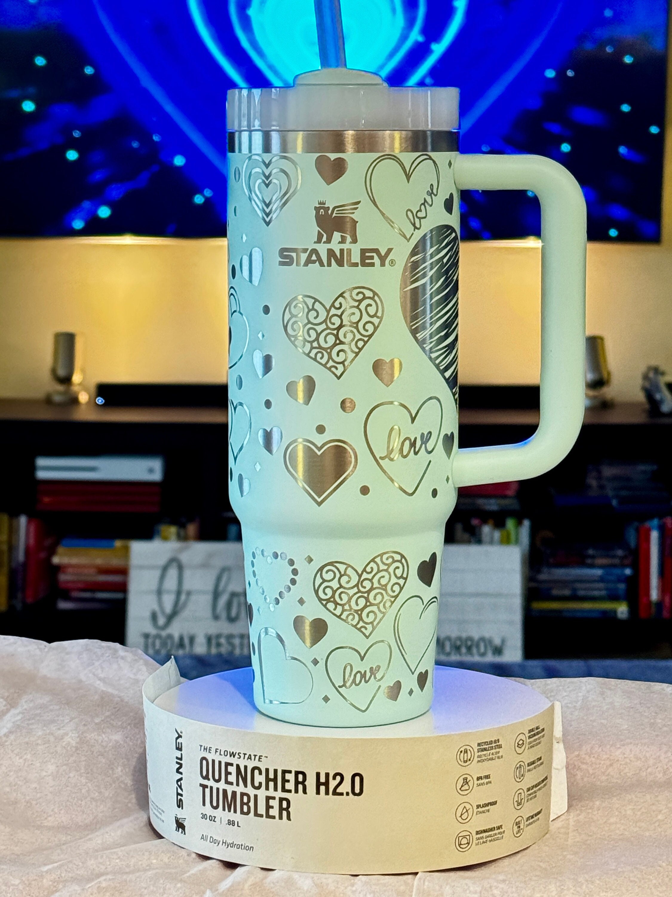 Laser Engraved Stanley Tumbler 30oz: Mint Teal Hearts - Etsy