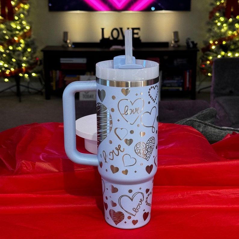 Valentines Stanley Tumbler Heather Blue 30oz Custom Laser Engraved