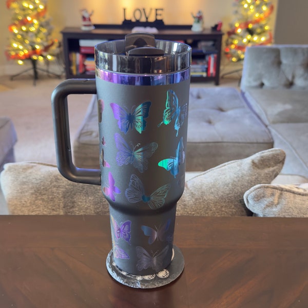 Butterfly Tumbler Black 40oz with Rainbow Chroma Cup laser engraved multicolor butterflies nonbrand 40 oz