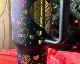 Laser Engraved Hearts Tumbler: Iridescent Rainbow Love Theme 40oz
