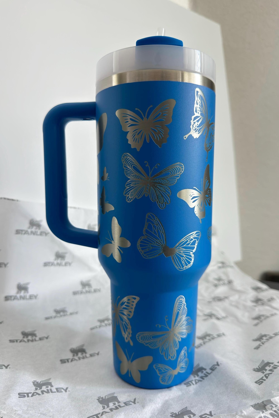 Laser Engraved Stanley Tumbler 40oz Azure Blue Butterfly Cup Etsy