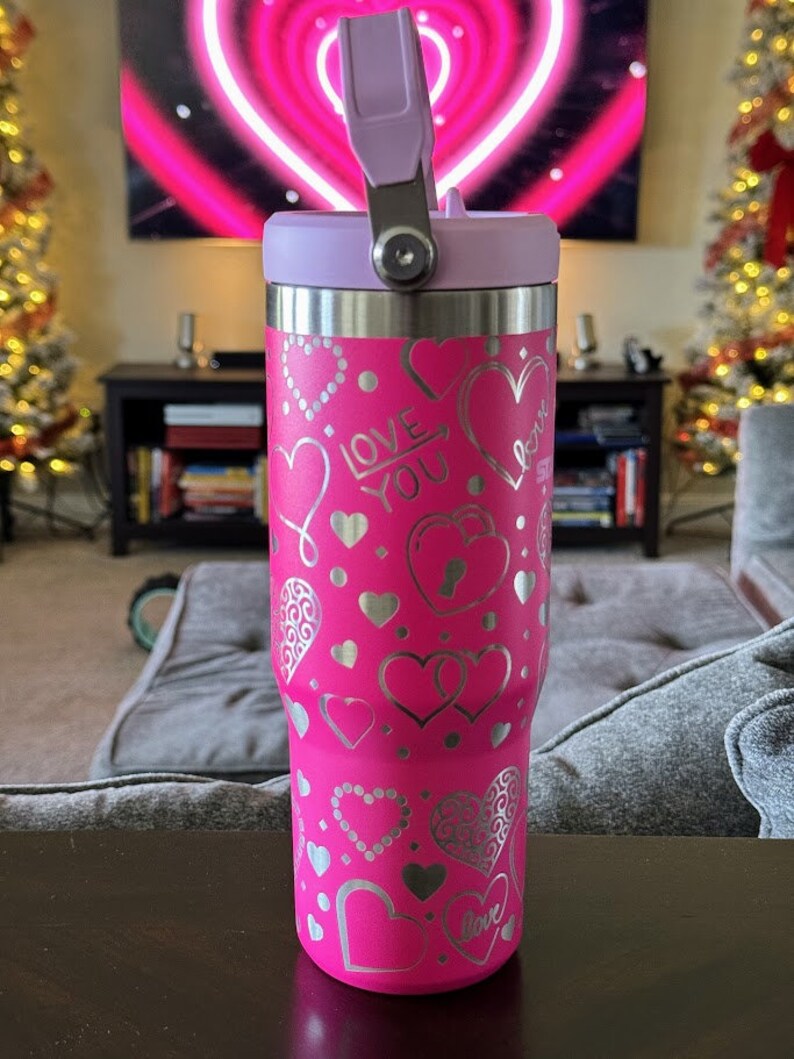 Valentine Stanley Camelia Hot Pink Flip Straw Tumbler Custom Laser